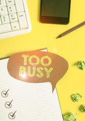 Handwriting text Too Busy. Conceptual photo No time to relax no idle time for have so much work or...