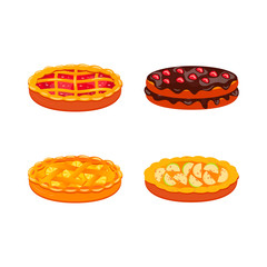 Set of colorful pies and cake. Home made bakery. Isolated vector illustrations.
