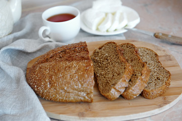 Breakfast in the kitchen bread, homemade cheese