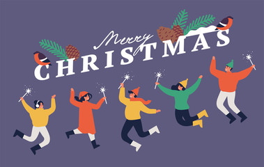 Happy winter vacation. Warmly dressed people are jumping with sparkles . Merry christmas holiday. Vector illustration in a flat style.