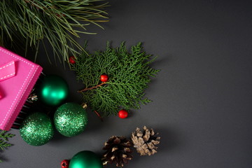 Christmas decorations for Christmas tree, gift, cones, Holly berries. The concept of celebrating...