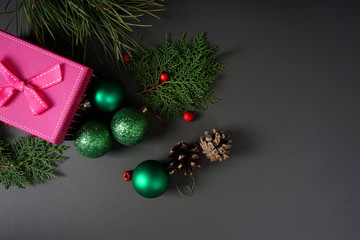 Christmas decorations for Christmas tree, gift, cones, Holly berries. The concept of celebrating Christmas, the new year.