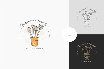 Vector set of logos, badges and icons for farmers and garden tools. Collection symbol of gardening.