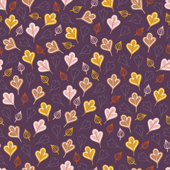 Autumn seamless pattern with colorful leaves on dark violet background