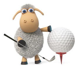 3d illustration funny sheep play golf/3d illustration lamb goes in for sports with a Golf club and a ball