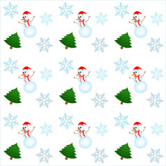 Winter pattern with a snowman, snowflake and Christmas tree.