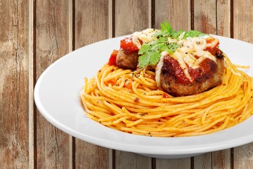 Pasta fusilli with bolognese tomato beef sauce