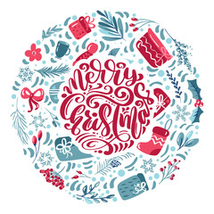 Merry Christmas calligraphic lettering hand written vector text. Greeting card design with floral plants xmas elements. Modern winter season postcard, brochure, wall art design
