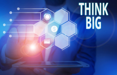 Conceptual hand writing showing Think Big. Concept meaning To plan for something high value for ones self or for preparation Male wear formal suit presenting presentation smart device