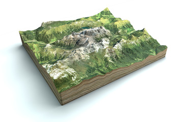 Satellite view of the Marmolada, Dolomites, mountain range of the Alps, 3d render. Alpine landscape, section of land in 3d. Italy. 