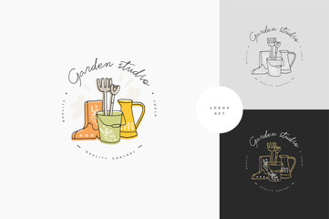 Vector set of logos, badges and icons for farmers and garden tools. Collection symbol of gardening.