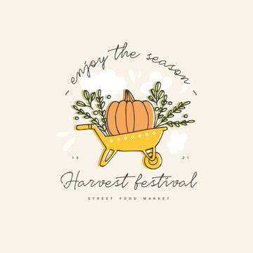 Hand Drawn Vector Illustration For Harvest Autumn Festival. Sketch Style Logo A Wheelbarrow With A Pumpkin For Invitation On Event, Party.