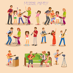 Fototapeta premium Large vector set of happy parents and children playing music, singing and dancingNew Year 3a(R)a