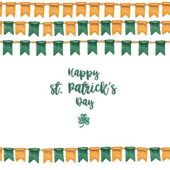Greeting card template of irish colors flags to St.Patrick's Day celebration, hand drawn on a white background