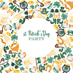 Round frame of elements to St.Patrick's Day celebration, hand drawn on a white background