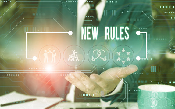 Text sign showing New Rules. Business photo showcasing A state of changing an iplemented policy for better upgrade Male human wear formal work suit presenting presentation using smart device