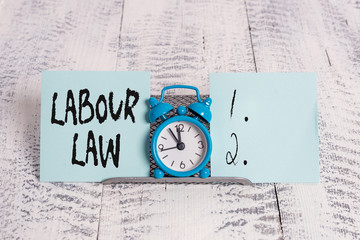 Conceptual hand writing showing Labour Law. Concept meaning Rules implemented by the state between...