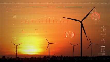 Silhouette of a wind turbine for renewable electric power maker with HUD cyber futuristic user interface concept with dark and grain processed