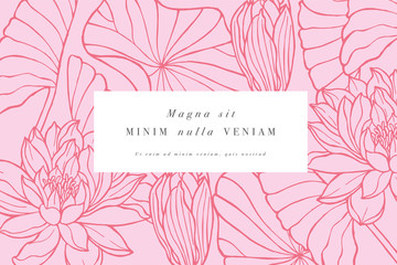 Vintage card with lotus flowers. Floral wreath. Flower frame for flowershop with label designs. Floral water lily greeting card. Flowers background for cosmetics packaging.