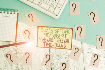Text sign showing Goals Specif Measureable AC. Business photo text Goals Specific Measurable Achievable Relevant Time Bound Writing tools, computer stuff and math book sheet on top of wooden table