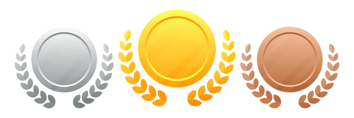 Medals with a wreath vector illustration eps 10. Champions Award. Set of medals gold, silver, bronze. Winners award.