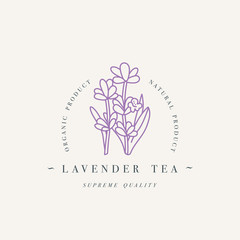 Vector design colorful templat logo or emblem - organic herb lavender tea. Logos in trendy linear style isolated on white background.
