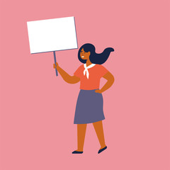 Vector illustration smiling young women holding clean placards. People character demonstrating empty banners.