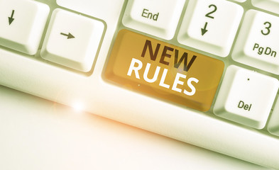 Writing note showing New Rules. Business concept for A state of changing an iplemented policy for...