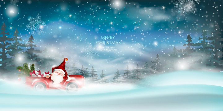 Merry Christmas design card with Santa Claus driving red car on snowy hills.