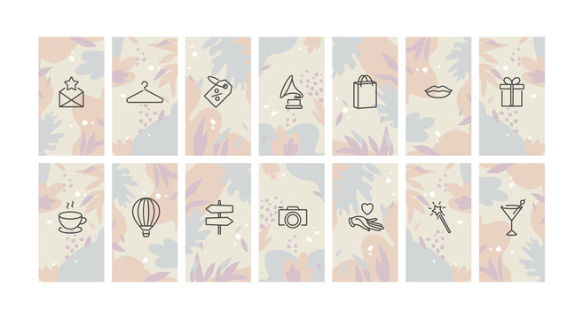 Vector set design colorful templates icons and emblems - social media story highlight. Different blogger icons in trendy linear style isolated on white background.