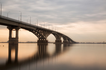 Bridge over the river Volga in sunset. The bridge connects  Saratov and Engels. Russia