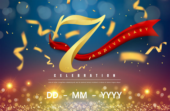 7 years anniversary logo template on gold and blue background. 7th celebrating golden numbers with red ribbon vector and confetti isolated design elements