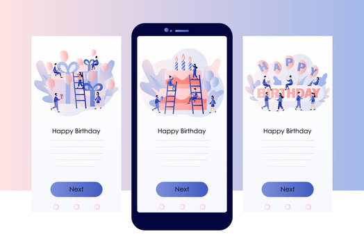 Happy birthday concept. Screen template for mobile smart phone. Modern flat cartoon style. Vector illustration