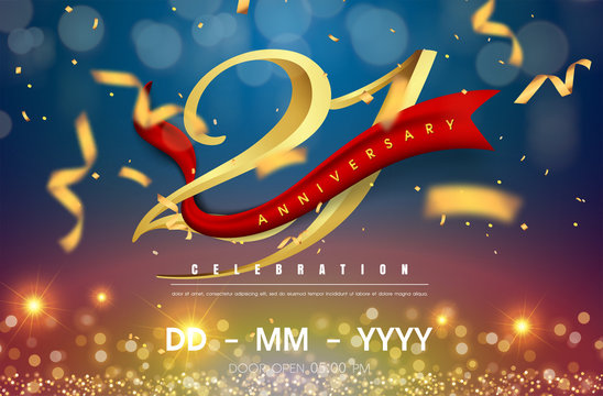 21 years anniversary logo template on gold and blue background. 21st celebrating golden numbers with red ribbon vector and confetti isolated design elements