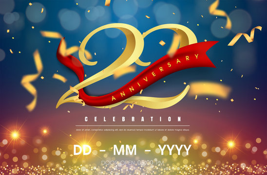 22 years anniversary logo template on gold and blue background. 22nd celebrating golden numbers with red ribbon vector and confetti isolated design elements