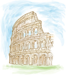 roman colosseum watercolor hand draw