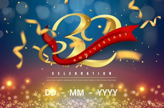 32 years anniversary logo template on gold and blue background. 32nd celebrating golden numbers with red ribbon vector and confetti isolated design elements
