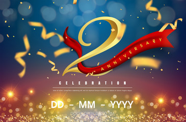 2 years anniversary logo template on gold and blue background. 2nd celebrating golden numbers with red ribbon vector and confetti isolated design elements