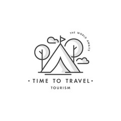 Vector design colorful template logo or emblem - travel agency and different types of tourism. Hiking travel icon. Logos in trendy linear style isolated on white background.