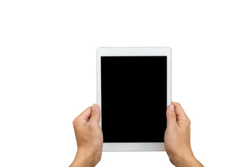 Male hands holding a tablet touch computer gadget with white or isolated background,copy space.