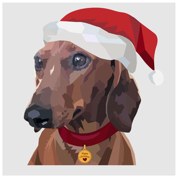 Low Poly Happy Christmas Dachshund Vector Illustration