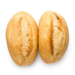 Two white french bread rolls isolated on white from above. Top view.