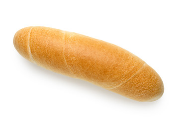 Long white bread roll isolated on white. Top view.
