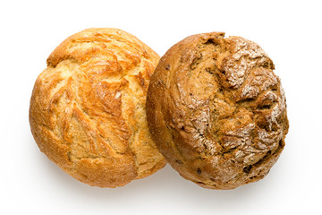 Two round rustic bread rolls isolated on white. White and whole wheat. Top view.
