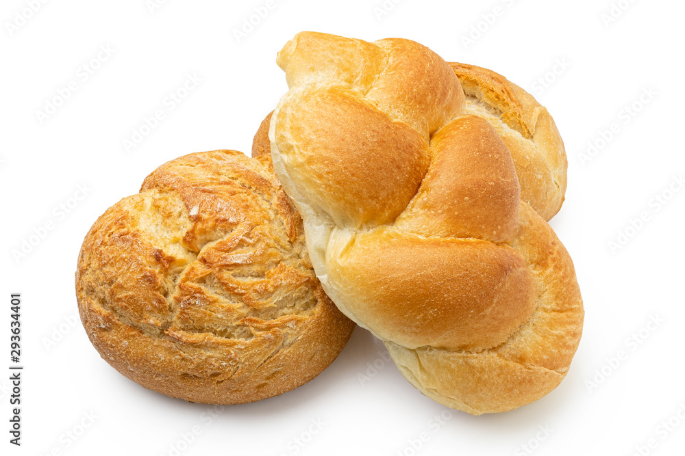 Wall mural three white bread rolls isolated on white. round rustic, plaited and french.