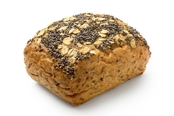 Whole grain bread roll with oats and poppy seeds isolated on white.
