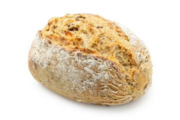 Whole grain french bread roll isolated on white.