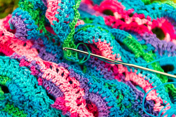 Close up of knitted with crochet shawl - obrazy, fototapety, plakaty