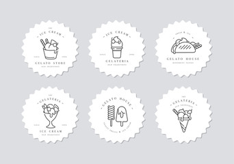 Vector set design colorful templates logo and emblems - ice cream and gelato. Difference ice cream icons. Logos in trendy linear style isolated on white background. - obrazy, fototapety, plakaty