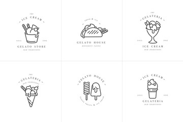 Vector set design colorful templates logo and emblems - ice cream and gelato. Difference ice cream icons. Logos in trendy linear style isolated on white background.